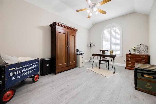 414 Long Cove Dr, Fairview, TX 75069 - office space with vaulted ceiling, light wood-style flooring, a ceiling fan, and baseboards