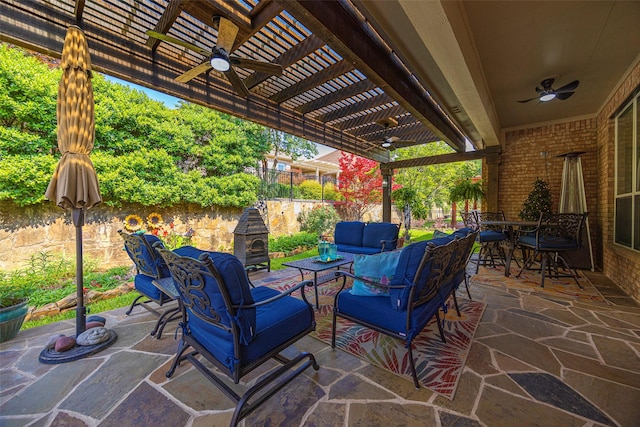 414 Long Cove Dr, Fairview, TX 75069 - view of patio with ceiling fan, outdoor lounge area, outdoor dining space, and a pergola