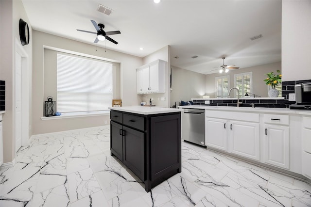 414 Long Cove Dr, Fairview, TX 75069 - kitchen with dishwasher, ceiling fan, white cabinets, light marble finish floors, and recessed lighting