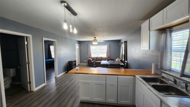 809 Bowie St, Sweetwater, TX 79556 - kitchen with open floor plan, a sink, dark wood-style floors, wooden counters, and a peninsula