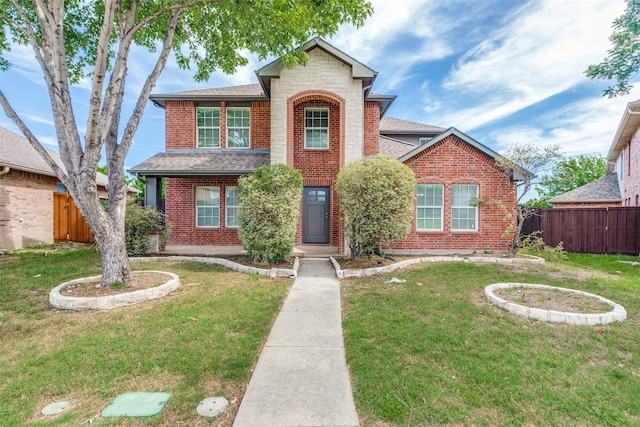 1337 Red River Ln, Allen, TX 75002 - traditional-style house featuring brick siding, roof with shingles, and stone siding