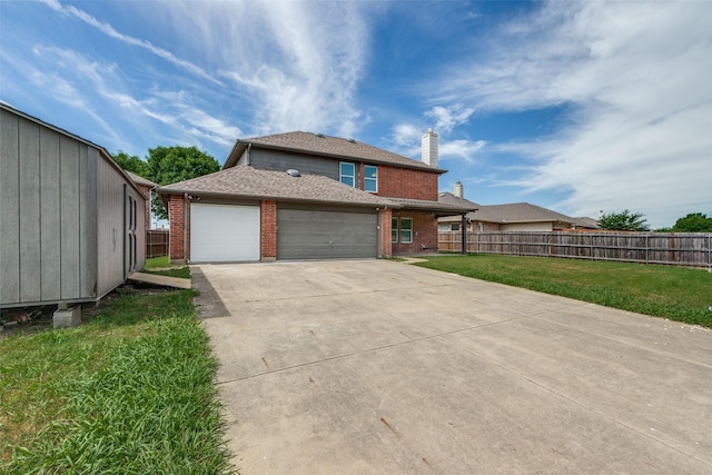 1337 Red River Ln, Allen, TX 75002 - rear view of property with brick siding, driveway, an attached garage, a chimney, and roof with shingles