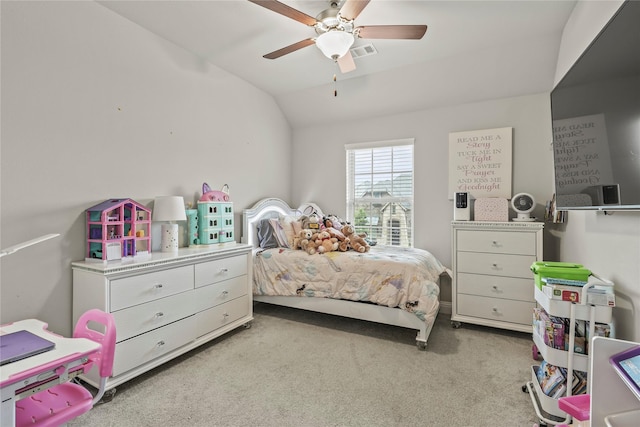 3456 Begonia Ln, Irving, TX 75038 - bedroom featuring light carpet, vaulted ceiling, and ceiling fan
