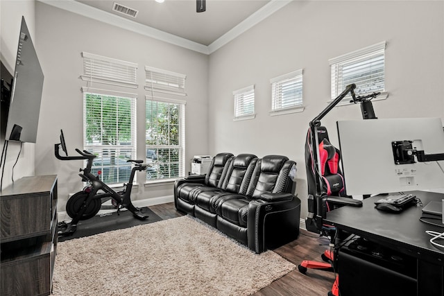 3456 Begonia Ln, Irving, TX 75038 - workout room featuring ornamental molding, wood finished floors, and baseboards