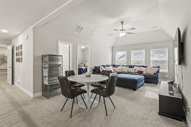 3456 Begonia Ln, Irving, TX 75038 - dining room with light colored carpet, a ceiling fan, baseboards, lofted ceiling, and recessed lighting