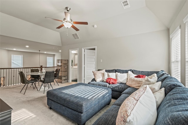 3456 Begonia Ln, Irving, TX 75038 - living room featuring lofted ceiling, a ceiling fan, healthy amount of natural light, light colored carpet, and recessed lighting