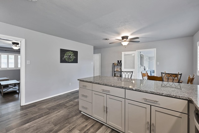 1429 W Water St, Weatherford, TX 76086 - kitchen with ceiling fan, dark wood-type flooring, light stone counters, and baseboards