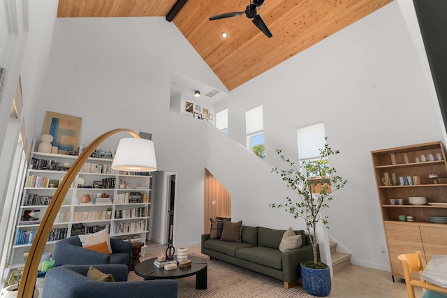 4005 Province Dr, Carrollton, TX 75007 - living room with high vaulted ceiling, stairs, a ceiling fan, wood finished floors, and wood ceiling with exposed beams