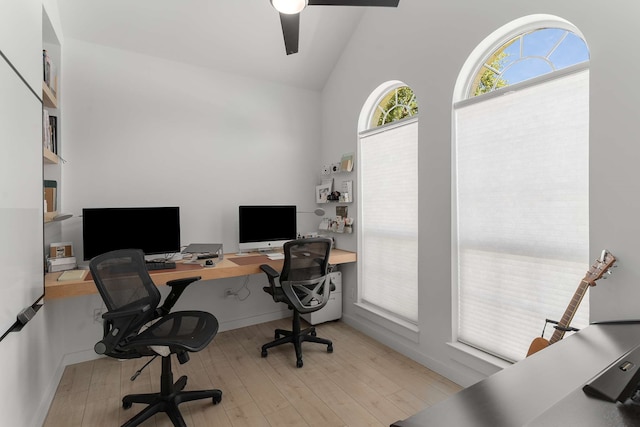 4005 Province Dr, Carrollton, TX 75007 - home office with lofted ceiling, light wood-style flooring, and a ceiling fan
