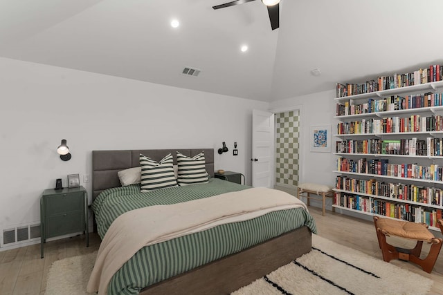 4005 Province Dr, Carrollton, TX 75007 - bedroom with wood finished floors, lofted ceiling, and ceiling fan