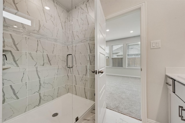 3404 Riverlawn Dr, Anna, TX 75409 - full bath with marble finish floors, a shower stall, vanity, baseboards, and recessed lighting
