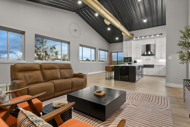 1210 Berger Rd, Temple, TX 76501 - living room with high vaulted ceiling, baseboards, light wood finished floors, rail lighting, and beam ceiling