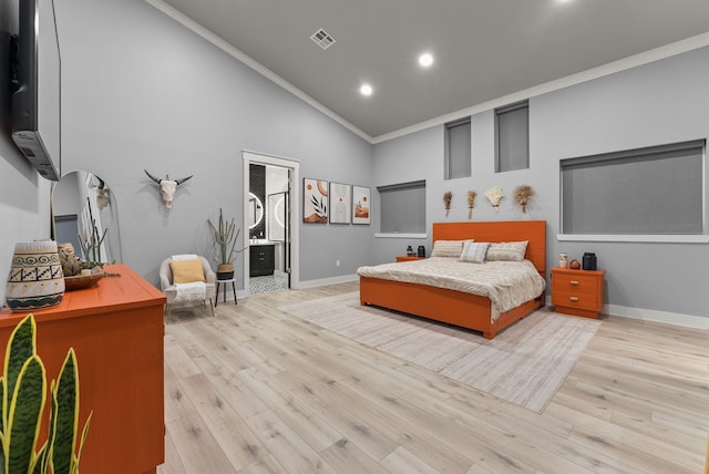1210 Berger Rd, Temple, TX 76501 - bedroom featuring high vaulted ceiling, crown molding, light wood-style floors, recessed lighting, and baseboards