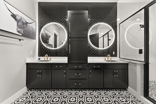 1210 Berger Rd, Temple, TX 76501 - bathroom featuring double vanity, baseboards, a shower stall, and backsplash