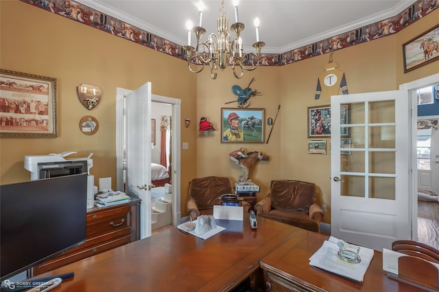 1171 Wemple Rd, Bossier City, LA 71111 - home office featuring a chandelier and crown molding