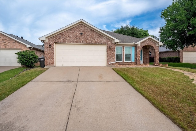 12200 Rolling Ridge Dr, Fort Worth, TX 76028 - single story home featuring concrete driveway, brick siding, a front yard, and an attached garage