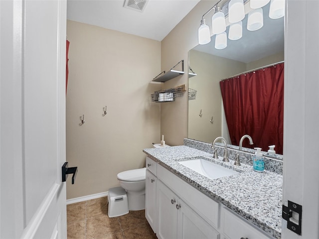 12200 Rolling Ridge Dr, Fort Worth, TX 76028 - bathroom with toilet, vanity, tile patterned floors, baseboards, and a shower with shower curtain