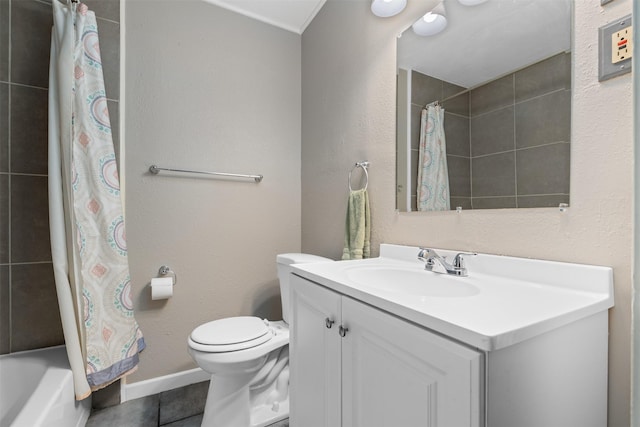 1701 Lawther Dr, River Oaks, TX 76114 - bathroom featuring vanity, tile patterned flooring, toilet, baseboards, and shower / tub combo