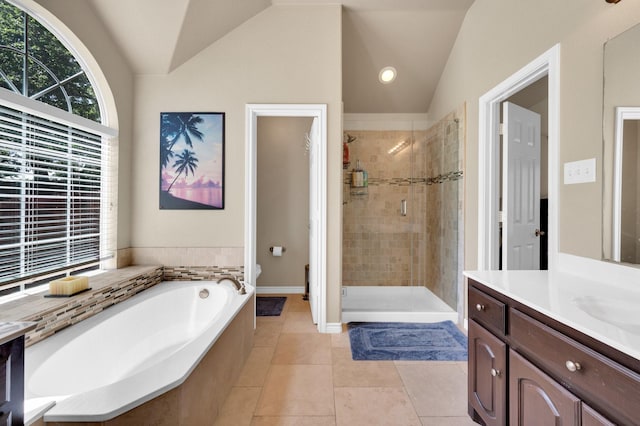 805 Warwick Ct, Kennedale, TX 76060 - full bath with lofted ceiling, vanity, a shower stall, a garden tub, and tile patterned flooring