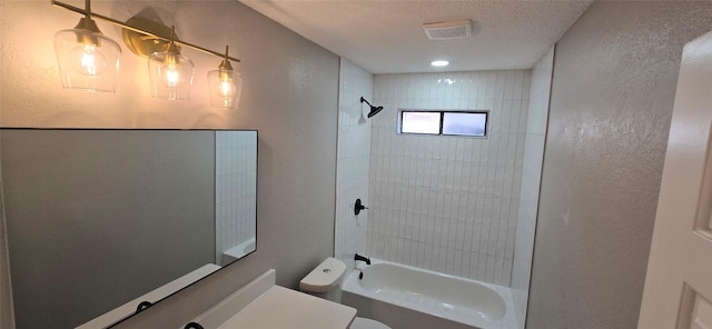 6648 Inwood Dr, Watauga, TX 76148 - bathroom with toilet, shower / tub combination, vanity, a textured wall, and a textured ceiling