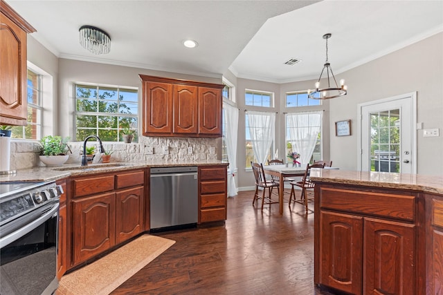 10161 Aragon Dr, Waco, TX 76708 - kitchen featuring appliances with stainless steel finishes, a chandelier, plenty of natural light, crown molding, and a sink