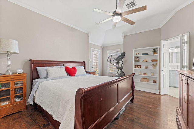 10161 Aragon Dr, Waco, TX 76708 - bedroom featuring ornamental molding, dark wood-type flooring, vaulted ceiling, ceiling fan, and connected bathroom
