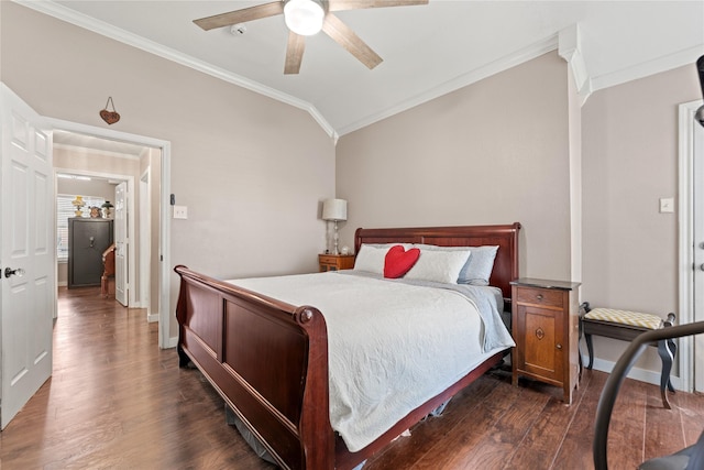 10161 Aragon Dr, Waco, TX 76708 - bedroom featuring ornamental molding, dark wood-style floors, baseboards, ceiling fan, and vaulted ceiling