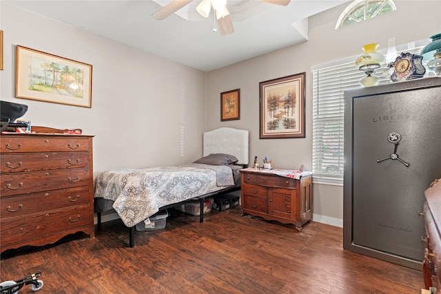 10161 Aragon Dr, Waco, TX 76708 - bedroom featuring dark wood finished floors, ceiling fan, and baseboards