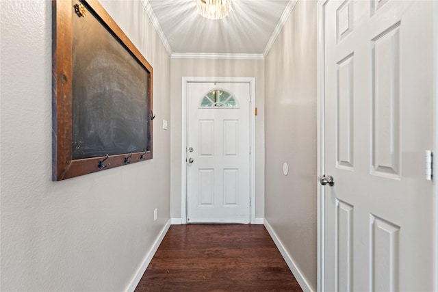 10161 Aragon Dr, Waco, TX 76708 - doorway featuring dark wood-style floors, baseboards, and crown molding