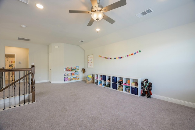 3812 Ironbark Way, Mckinney, TX 75071 - recreation room with carpet, baseboards, a ceiling fan, and lofted ceiling