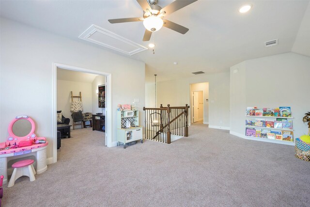 3812 Ironbark Way, Mckinney, TX 75071 - playroom featuring attic access, carpet flooring, a ceiling fan, baseboards, and recessed lighting