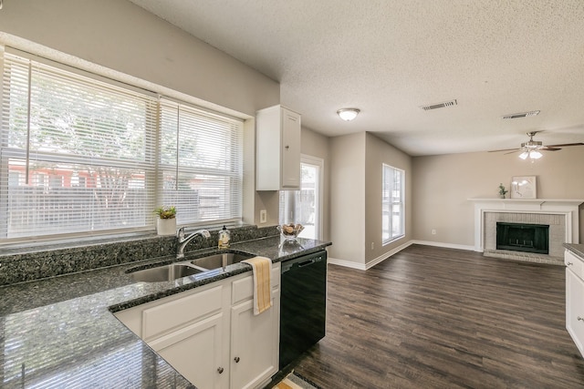 3733 River Birch Rd, Fort Worth, TX 76137 - kitchen featuring dishwasher, a sink, a ceiling fan, white cabinets, and a textured ceiling