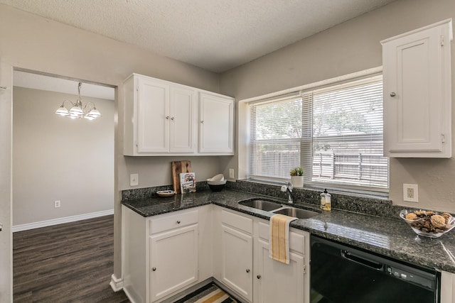 3733 River Birch Rd, Fort Worth, TX 76137 - kitchen featuring dishwasher, a sink, white cabinetry, a textured ceiling, and dark wood-type flooring
