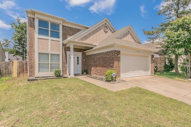 3733 River Birch Rd, Fort Worth, TX 76137 - view of front of property with board and batten siding, a garage, brick siding, and concrete driveway