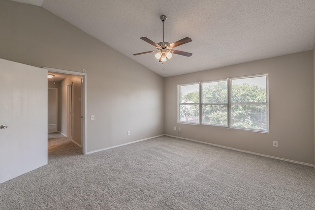 3733 River Birch Rd, Fort Worth, TX 76137 - empty room with ceiling fan, carpet floors, a textured ceiling, baseboards, and high vaulted ceiling