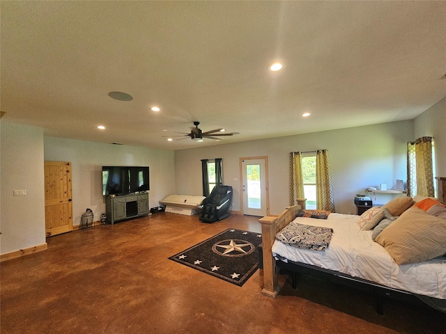 437 County Road 3190, Winnsboro, TX 75494 - bedroom featuring recessed lighting, access to outside, concrete floors, baseboards, and ceiling fan