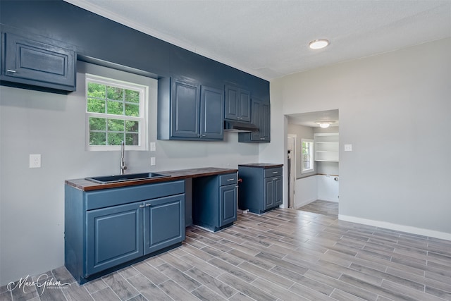 2383 Julia St, Bossier City, LA 71112 - kitchen featuring a sink, blue cabinetry, baseboards, light wood finished floors, and ornamental molding