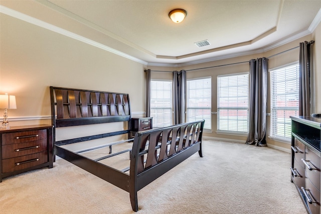 2828 Pino, Grand Prairie, TX 75054 - bedroom featuring light colored carpet, crown molding, and a raised ceiling