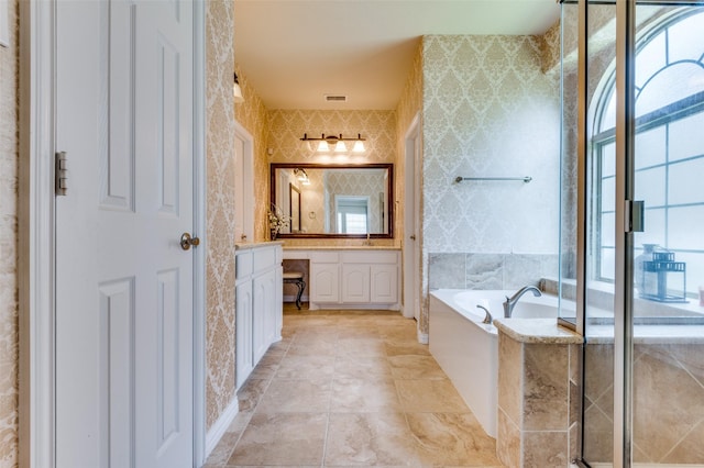 2828 Pino, Grand Prairie, TX 75054 - bathroom featuring plenty of natural light, vanity, a bath, and a shower stall