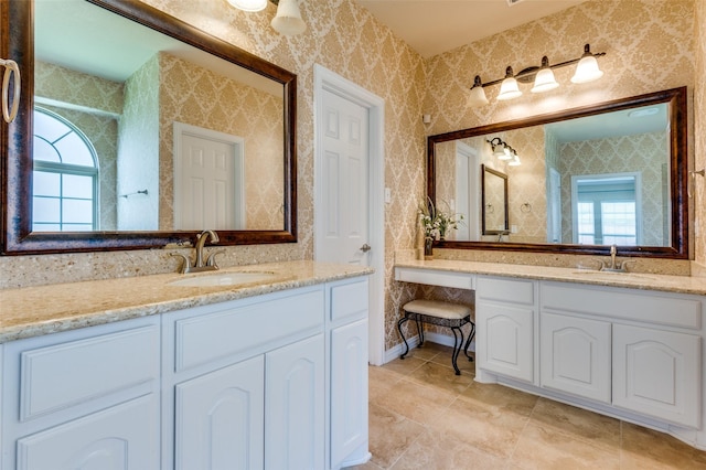 2828 Pino, Grand Prairie, TX 75054 - bathroom with vanity, tile patterned flooring, and wallpapered walls