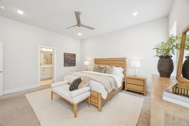 1028 Cavour Pl, Dallas, TX 75204 - bedroom with light colored carpet, recessed lighting, connected bathroom, and ceiling fan