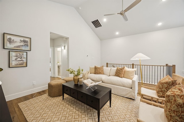 1028 Cavour Pl, Dallas, TX 75204 - living area featuring ceiling fan, wood finished floors, recessed lighting, and high vaulted ceiling
