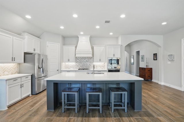 3904 Purple Sage Dr, Aubrey, TX 76227 - kitchen featuring premium range hood, appliances with stainless steel finishes, a sink, a kitchen island with sink, and tasteful backsplash