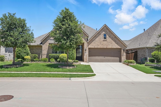 3904 Purple Sage Dr, Aubrey, TX 76227 - view of front of home featuring brick siding, concrete driveway, a front yard, and a garage