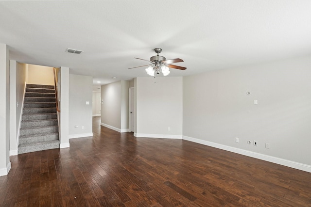 9897 Dartmouth Dr, Frisco, TX 75035 - unfurnished living room featuring ceiling fan, stairs, baseboards, and hardwood / wood-style floors