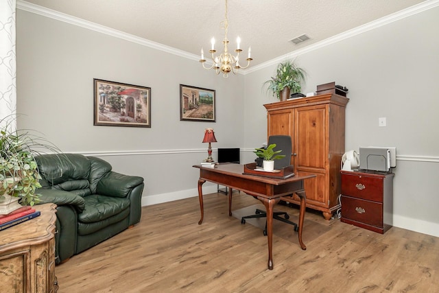 1304 Waterdown Dr, Allen, TX 75013 - office area with a chandelier, light wood-type flooring, ornamental molding, a textured ceiling, and baseboards