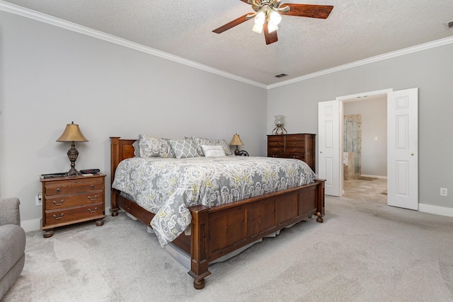 1304 Waterdown Dr, Allen, TX 75013 - bedroom featuring light carpet, a textured ceiling, ornamental molding, baseboards, and a ceiling fan