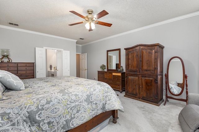 1304 Waterdown Dr, Allen, TX 75013 - bedroom with light colored carpet, ornamental molding, a textured ceiling, and ceiling fan