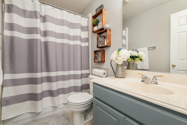 1304 Waterdown Dr, Allen, TX 75013 - bathroom with a textured ceiling, vanity, toilet, and curtained shower