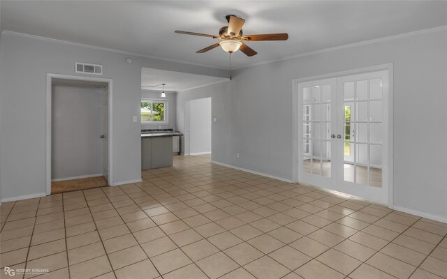 3238 Schuler Dr, Bossier City, LA 71112 - unfurnished room with crown molding, a ceiling fan, french doors, baseboards, and light tile patterned flooring